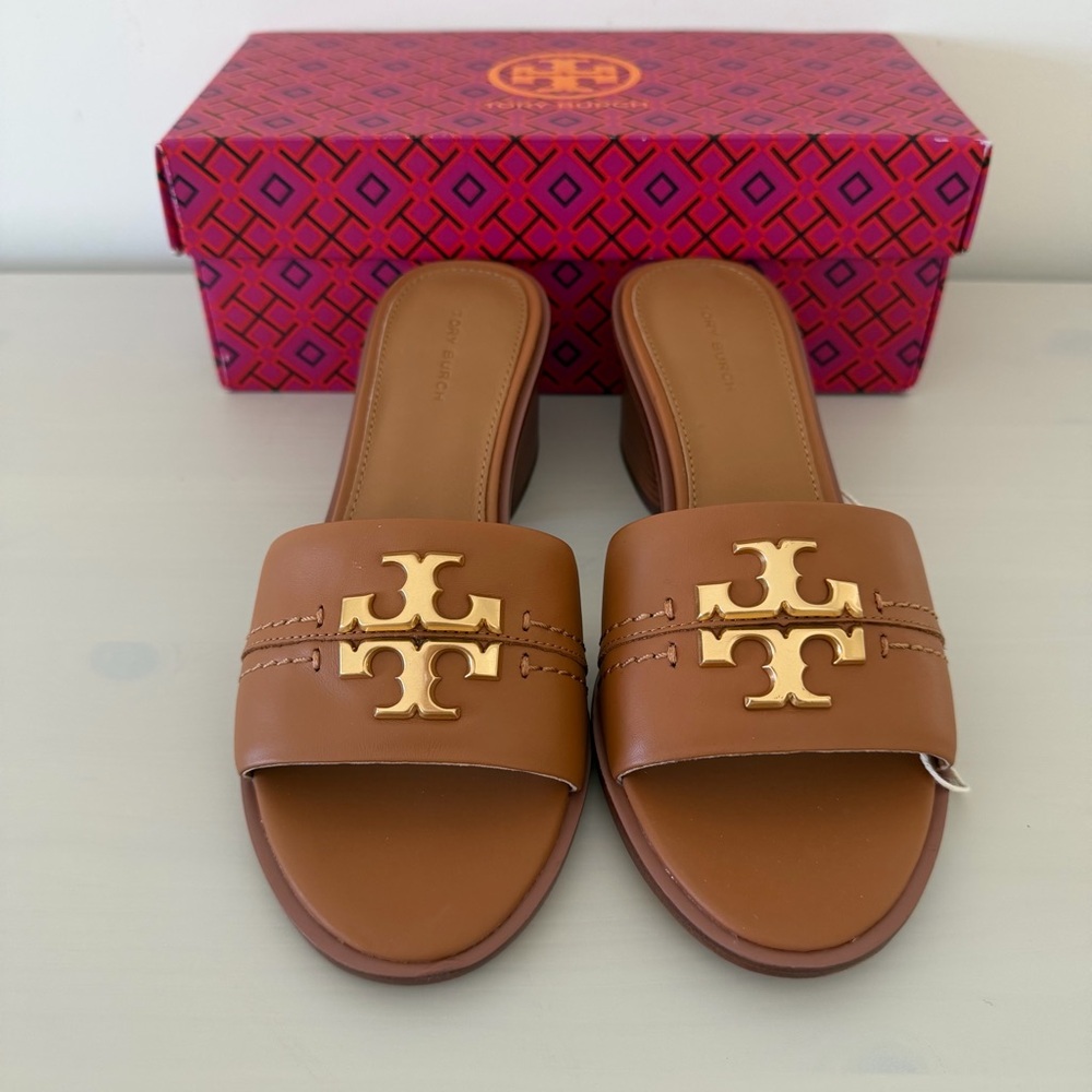 Tory Burch Brown Leather Logo Slide Sandals with Gold Hardware